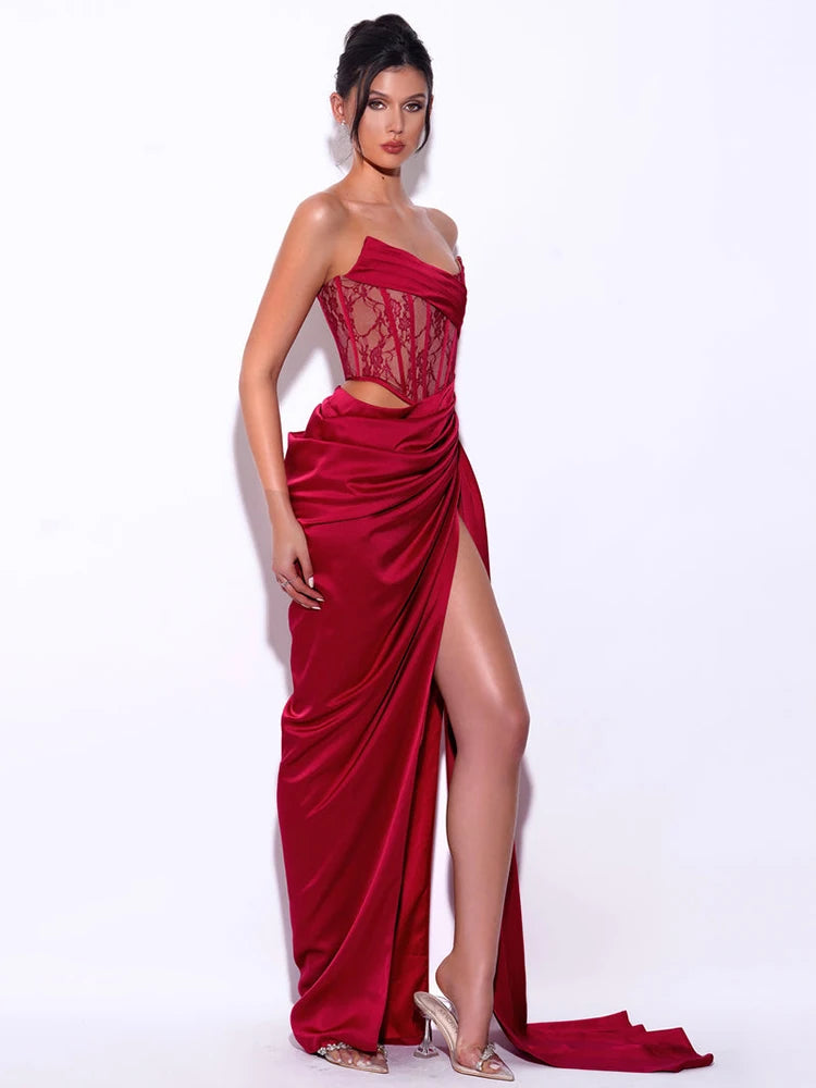 Cocktail Party Dress Women Sexy High Split Evening Clubwear Strapless Lace Patchwork Satin Long Dress Vestidos