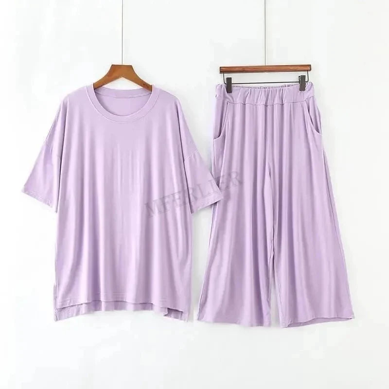 Plus Size 7XL 150K Summer Modal Pajamas Sets Short Sleeve Top and Pants Women Soft Sleepwear Suit Home Women Female Sleepwear PURPLE