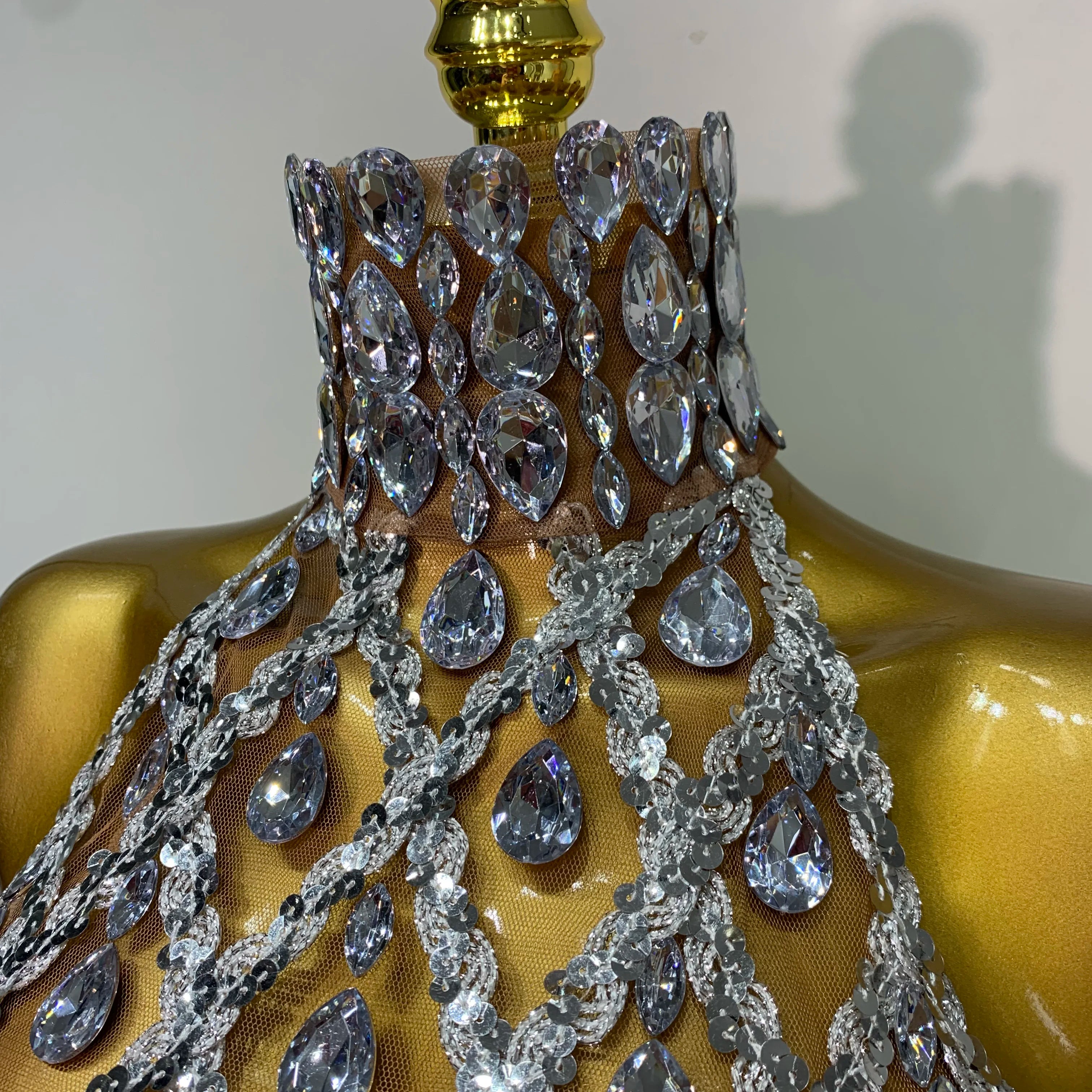 Sparkly Slver Rhinestone Sequins Mesh See Through Top Women Sexy Nightclub Evening Party Backless Spicy Girl Stage Outfit