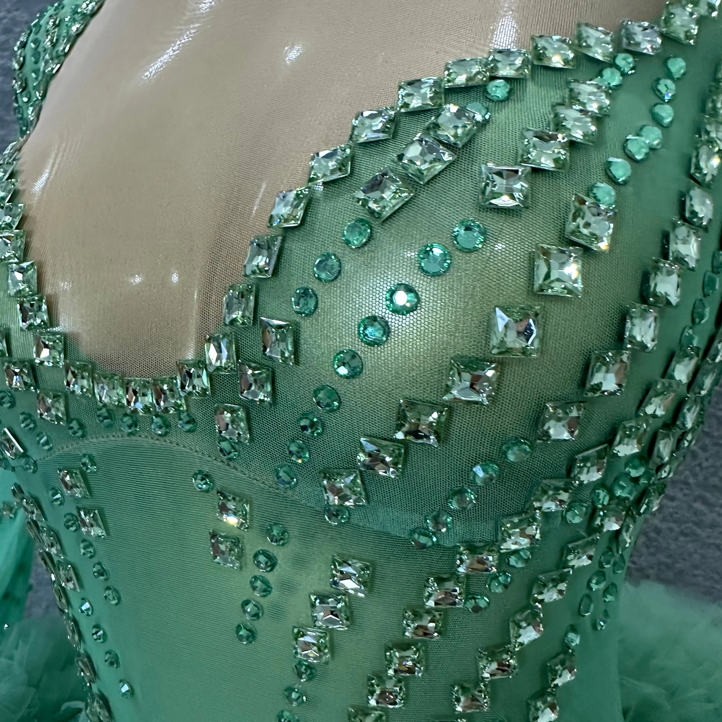 Sparkly Green Long Sleeve Bodysuit Women Stage Performance Sheer Mesh Rhinestone Embellished Ruffle Tulle Latin Dance Costume