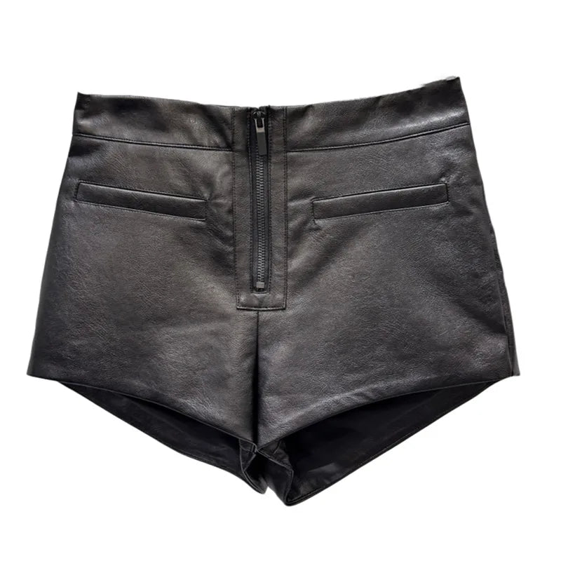 Winter New Fashion Metal Zipper Design PU Leather Shorts For Women Solid Color Wide-leg Short Pants Female 11A07469