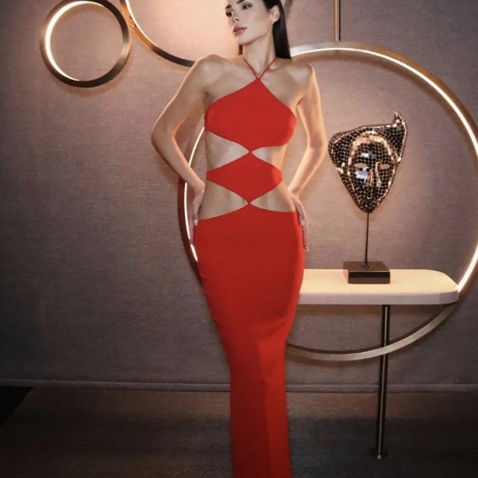 Sexy Hollow Out Sleeveless Halter Bodycon Red Long Bandage Dress Fashion's Sexy Woman Vocation Dress Summer Beach Party Vestido