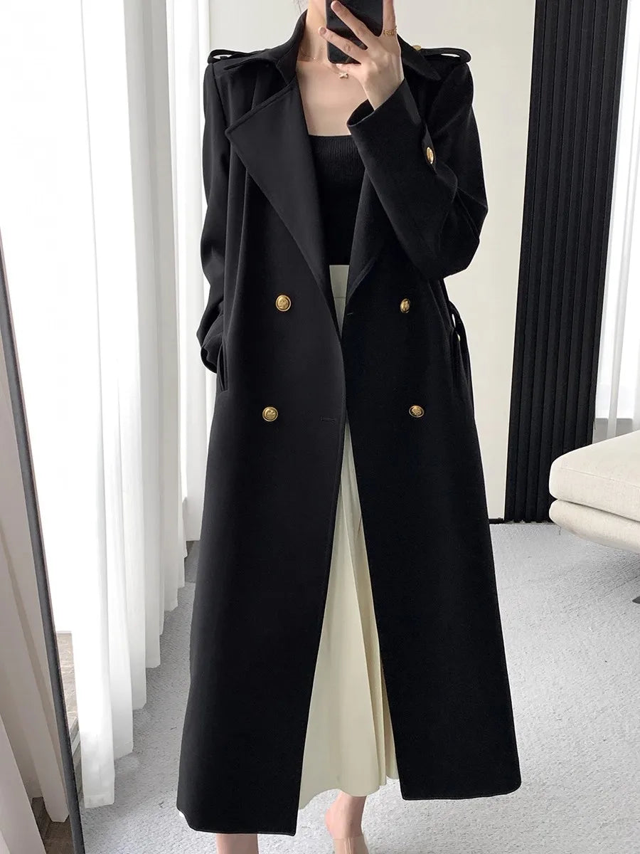Lautaro Spring Autumn Long Black Trench Coat for Women Gold Buttons Double Breasted Elegant Chic Luxury Designer Clothes 2025