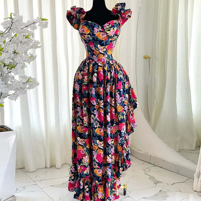 Women Ruffles Strapless Floral Print Long Irregular Dress Holiday Sweet Birthday Evening Sexy Party Dresses Vestidos Mixed