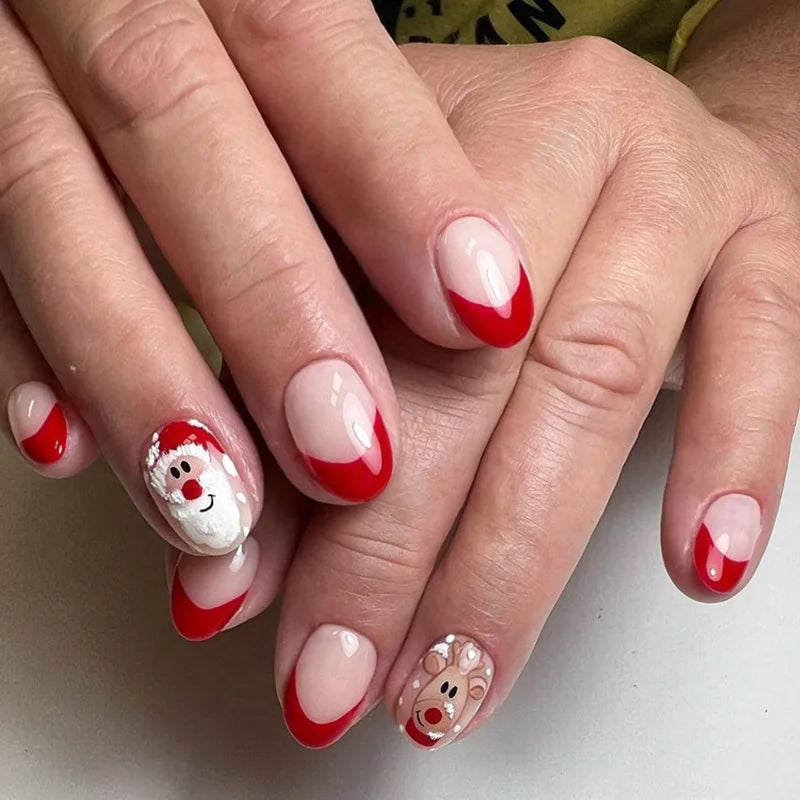 Cartoon Santas/Snowman Christmas Fake Nails 24Pcs Short Square Nude Pink Press On Nails Love Printed New Year Party Nails Art Y2