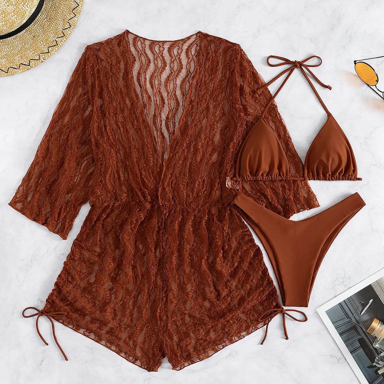 3 Pieces Bikini Tropical Print Swimsuit Halter Drawstring Side Swimwear Women 2023 Bathing Suit Female Swimming Summer Beachwear Brown