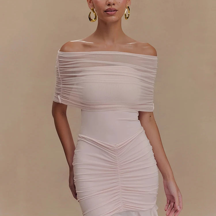 Mesh Strapless Off-shoulder Sexy Ruffled Mini Dress For Women Fashion Backless High Waist Female Ruched Party Dress Pink