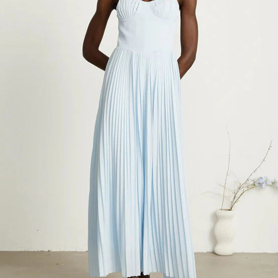 Solid Slimming Elegant Midi Dresses for Women Strapless Sleeveless Patchwork Fold Dress Female Temperament Clothing BLUE