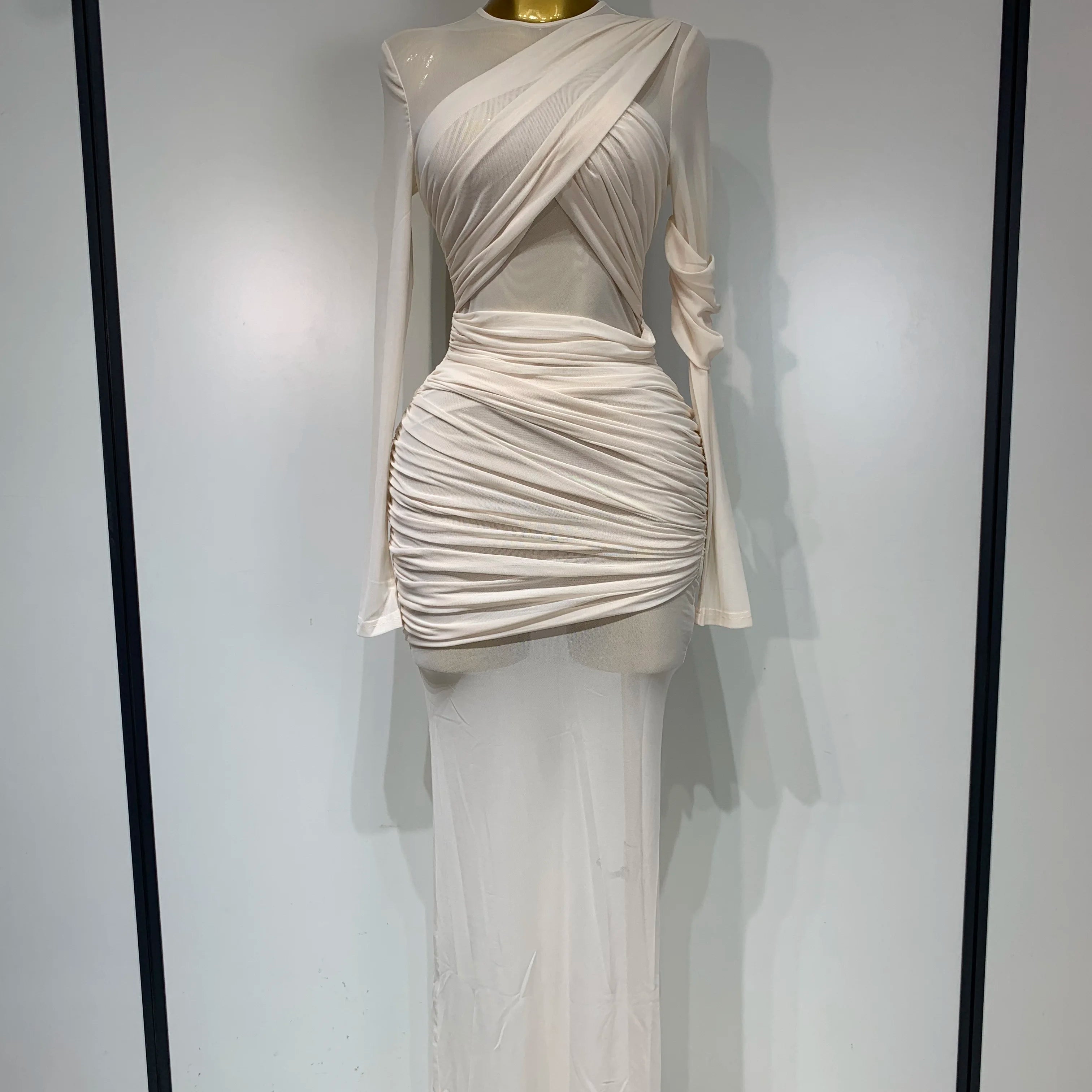 Elegant Brown Mesh Fold Long Sleeve Bodycon Dress Women 2025 Evening Party Club Sexy Perspective Fashion Luxury Birthday Dresses Beige