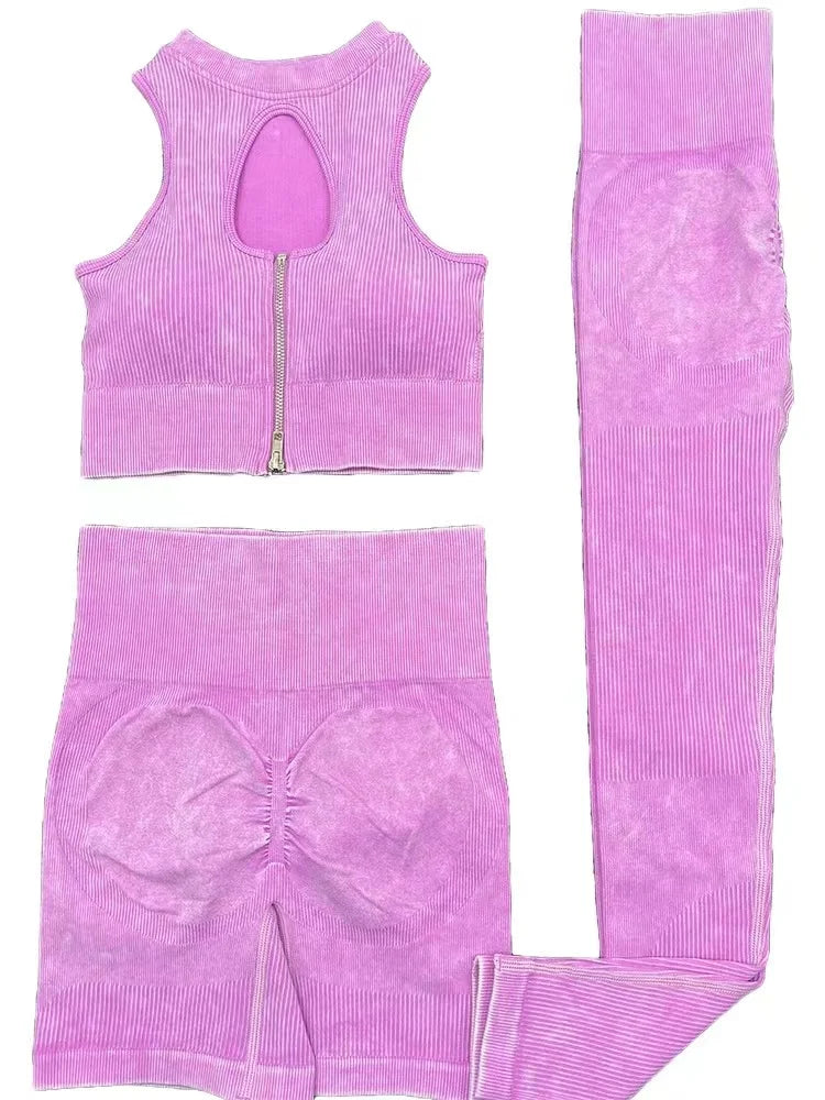 2PCS Seamless Frosted Yoga Sets Sports Fitness Beauty Back Bra High Waist Hip-lifting Leggings Suits Gym Shorts Sets for Women 3PCS Light pink