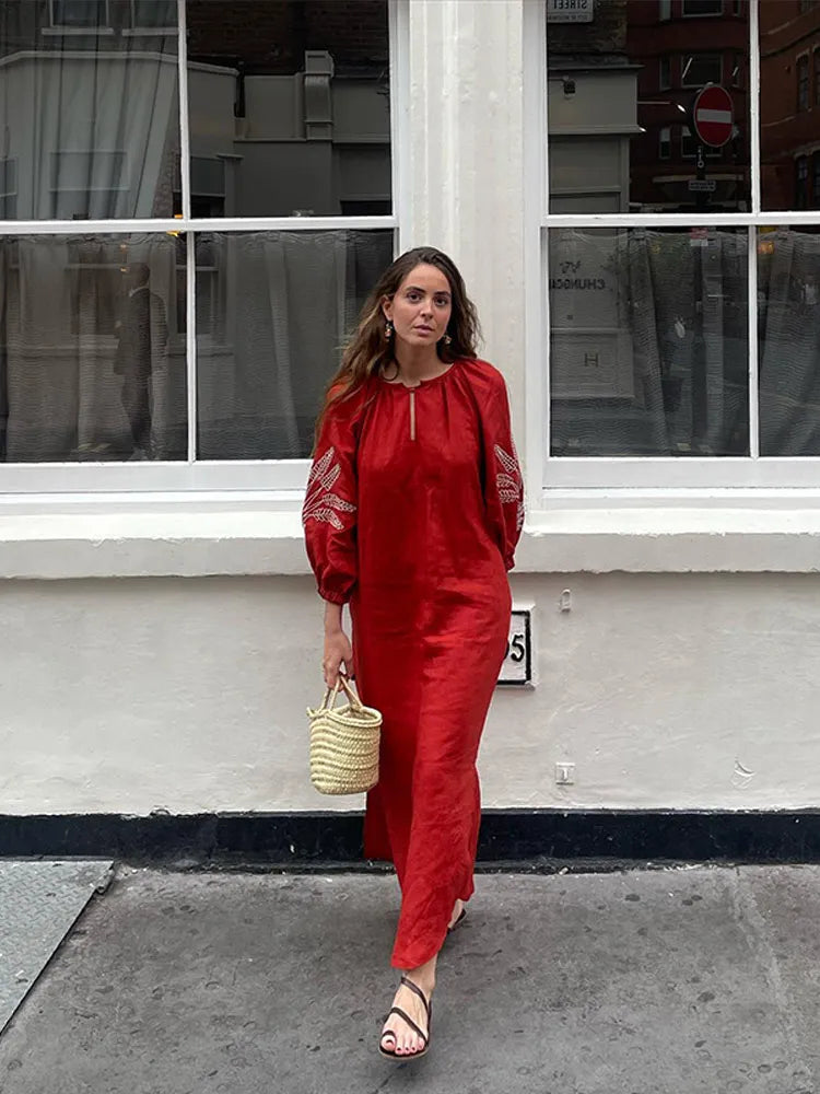 Fashion Linen Printed Women's Slit Maxi Dress Casual Loose V Neck Long Cuff Sleeves Vestidos Spring Lady Vacation Chic Robe Red