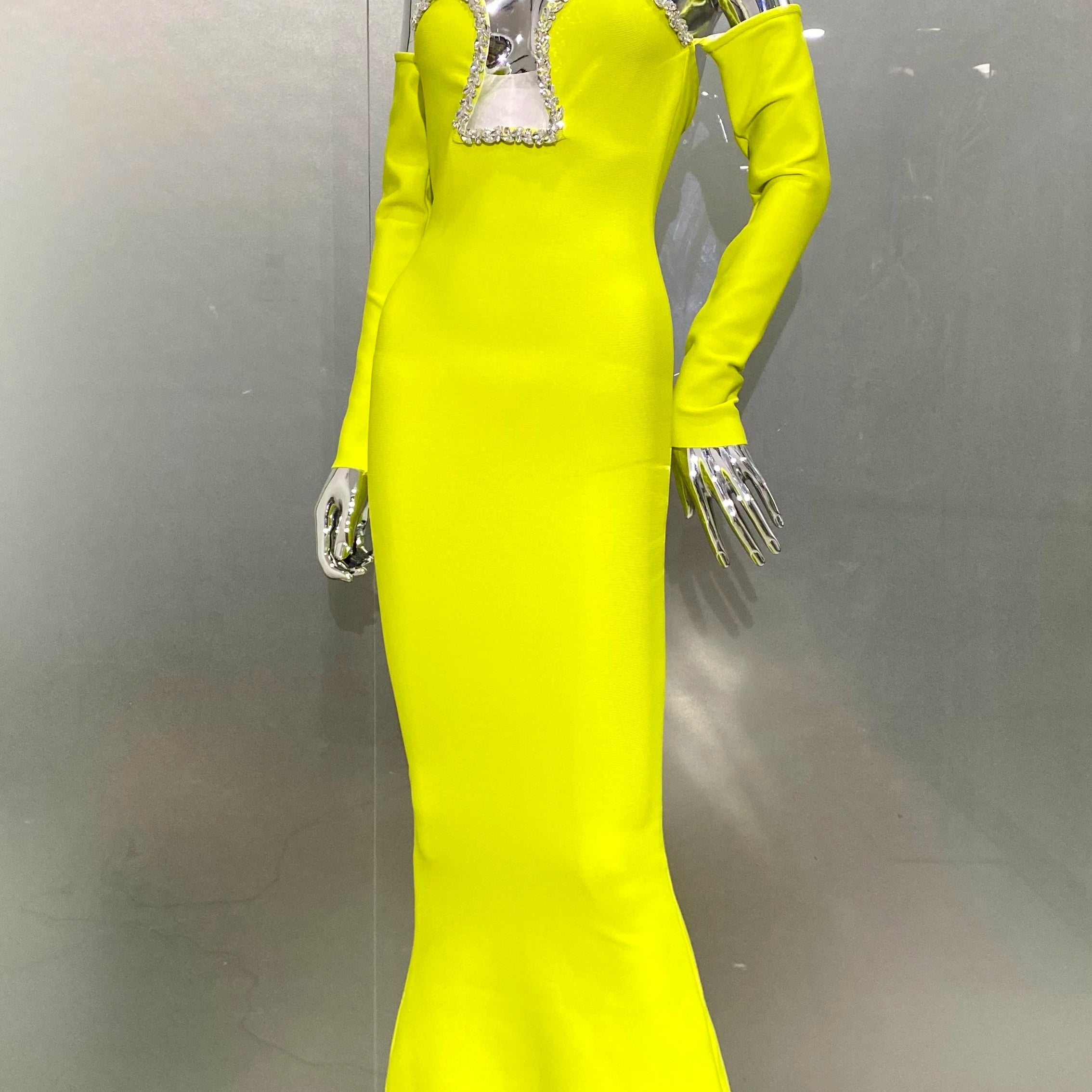 New Winter Yellow Green Shining Diamonds Sexy V-Neck off The Shoulder Mermaid Long Dress Fashion Woman Evening Party Vestido
