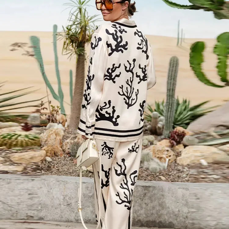 Elegant Women Print Loose Shirt Pants 2 Pieces Set Chic Lapel V Neck Long Sleeve Blouse Straight Pant Suit Casual Lady Outfits