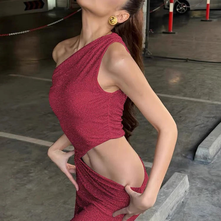 Fashion One-Shoulder Sleeveless Sequin Detail Long Dress for Party Evening Gown