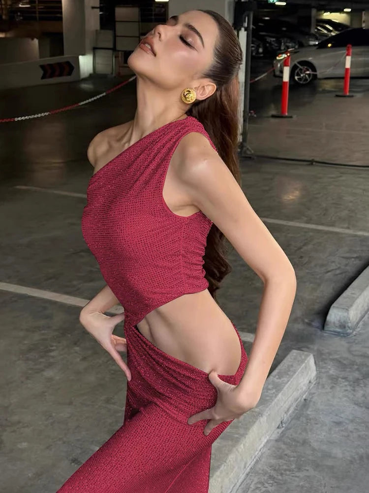 Fashion One-Shoulder Sleeveless Sequin Detail Long Dress for Party Evening Gown