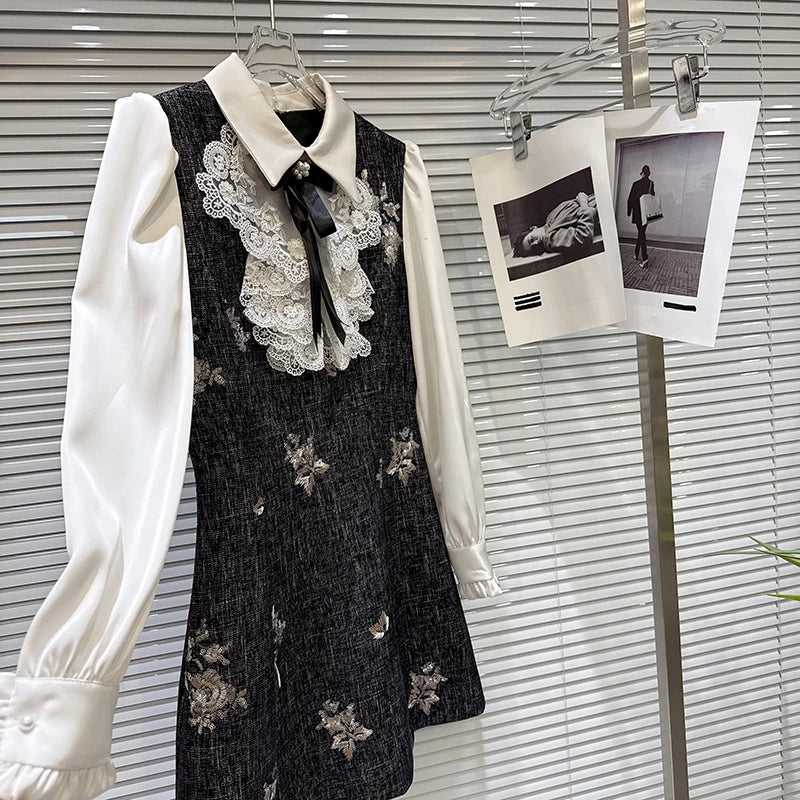 Winter New Fashion Bow Beaded Embroidered Shirt Patchwork Fake Two-Piece Dress For Women Elegant Dresses 11A07866