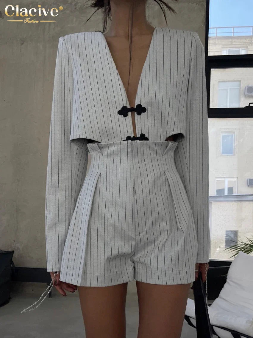 Clacive Fashion Stripe Print 2 Piece Sets Women Elegant Slim Long Sleeve Irregular Top With High Waist Shorts Set Streetwear