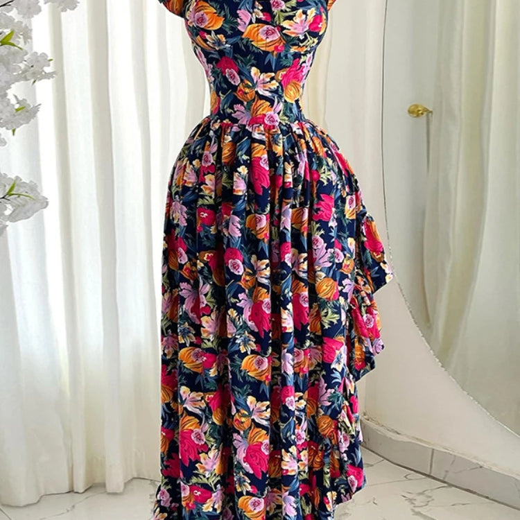 Women Ruffles Strapless Floral Print Long Irregular Dress Holiday Sweet Birthday Evening Sexy Party Dresses Vestidos