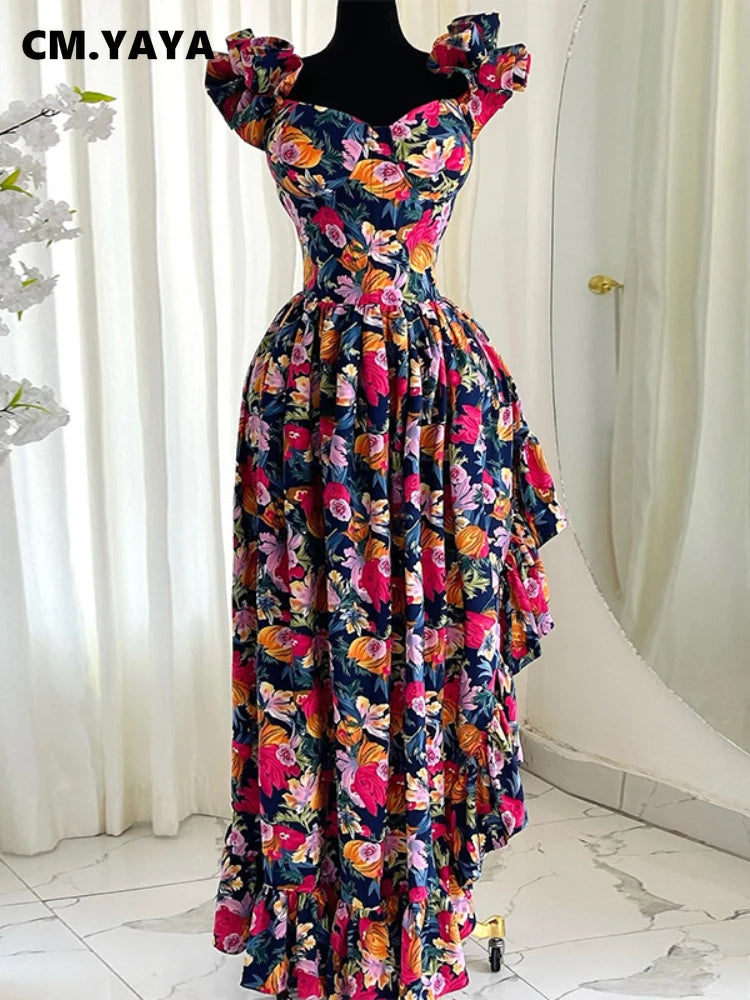 Women Ruffles Strapless Floral Print Long Irregular Dress Holiday Sweet Birthday Evening Sexy Party Dresses Vestidos