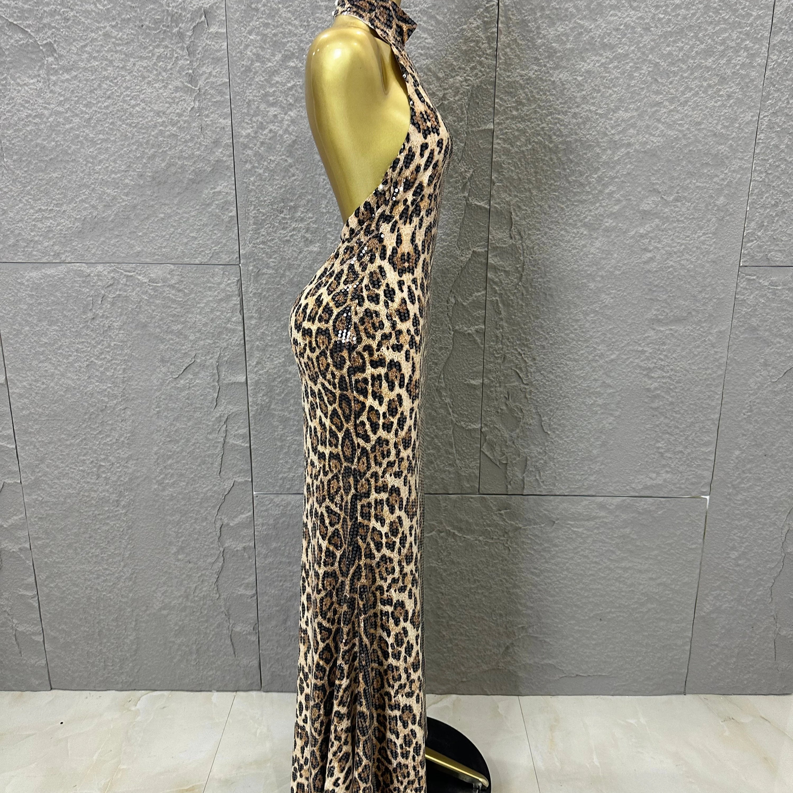 Refined Leopard Print Maxi Dress Women Sexy Halter Neck Sleeveless Sequin Embellished Bodycon Outfit Nightclub Party Costume