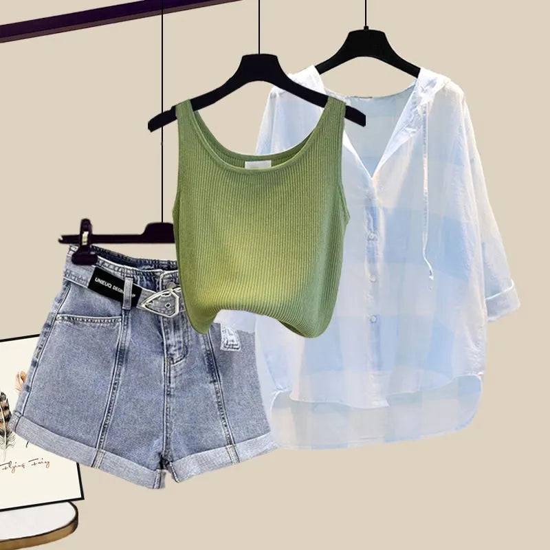 Women's Summer Shorts Suit 2024 New Casual Shirt+Strap+High Waist Jeans Three Piece Korean Elegant Blouse Pants Matching Set Set 04