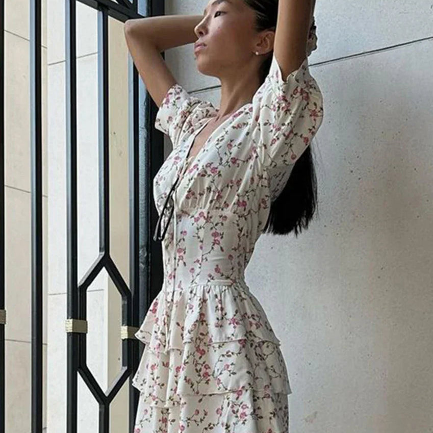 Clacive Summer Slim Print Women's Dress Sexy V-Neck Short Sleeve Mini Dresses Elegant High Waist Pleated Female Dress