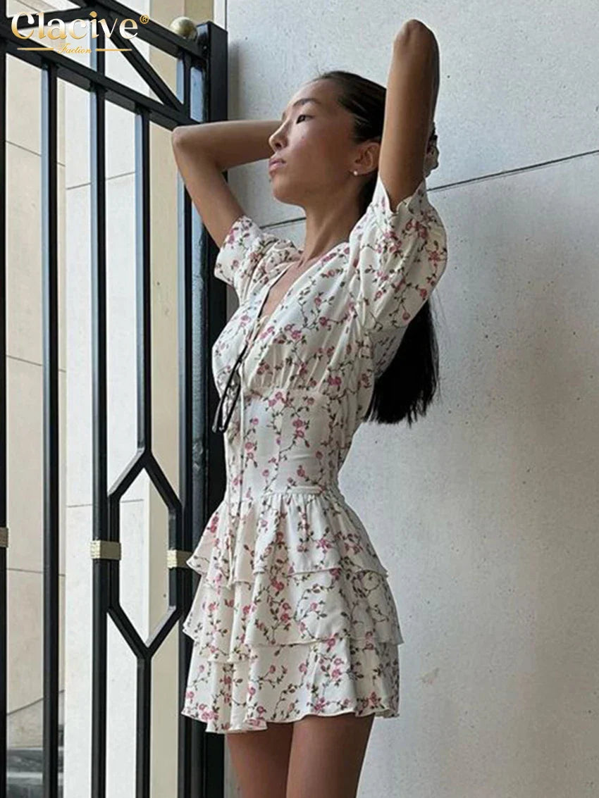 Clacive Summer Slim Print Women's Dress Sexy V-Neck Short Sleeve Mini Dresses Elegant High Waist Pleated Female Dress