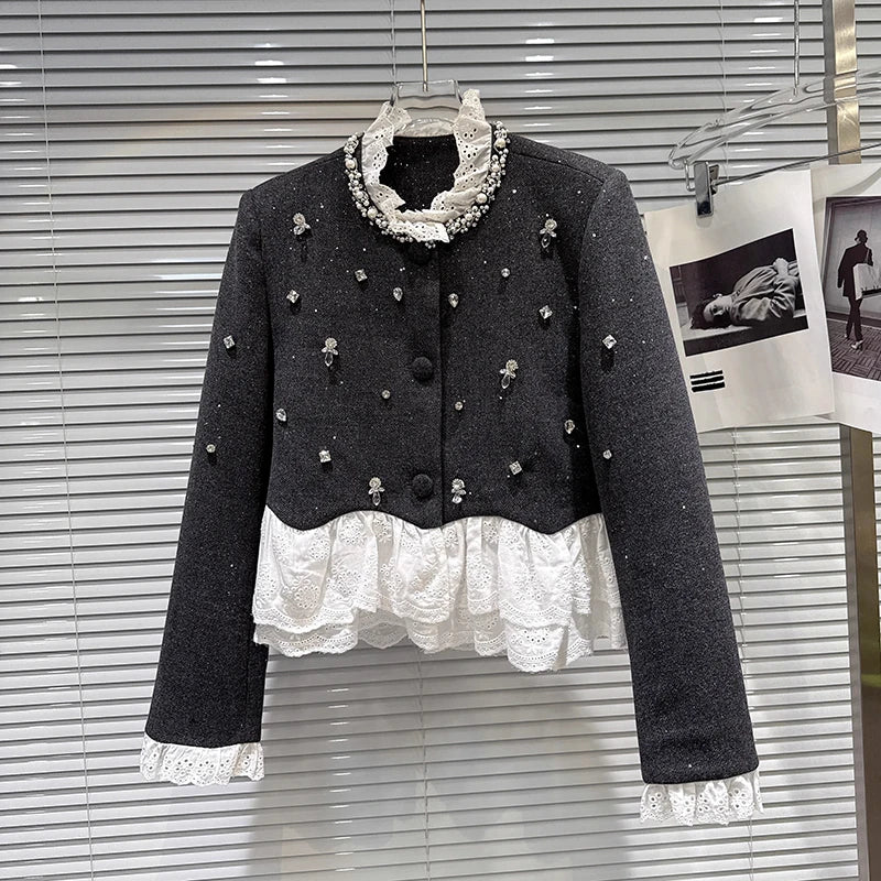 Winter New Fashion Style Handmade Beaded Cotton Lined Short Coat Woolen Shorts Two-pieces Set For Women 11A07555