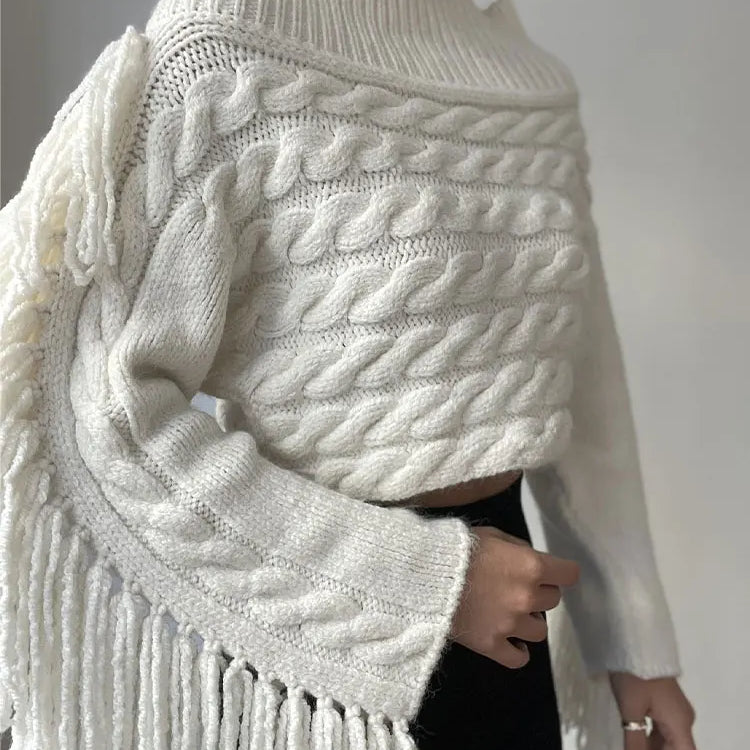 Thicken White Tassel Off Shoulder Sweater Women Elegant Slash Neck Long Sleeve Short Wool Pullover Winter Lady Knit Jumpers