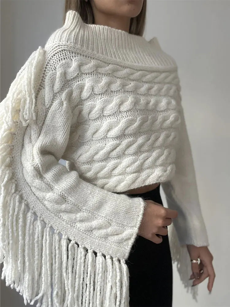 Thicken White Tassel Off Shoulder Sweater Women Elegant Slash Neck Long Sleeve Short Wool Pullover Winter Lady Knit Jumpers