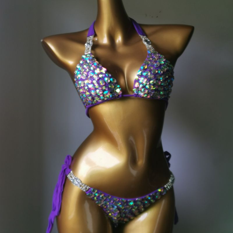 Sexy Push Up Triangle Bikini Luxury Crystal Diamond Women's Swimsuit Straps Lace-Up Rhinestone Swimwear Purple