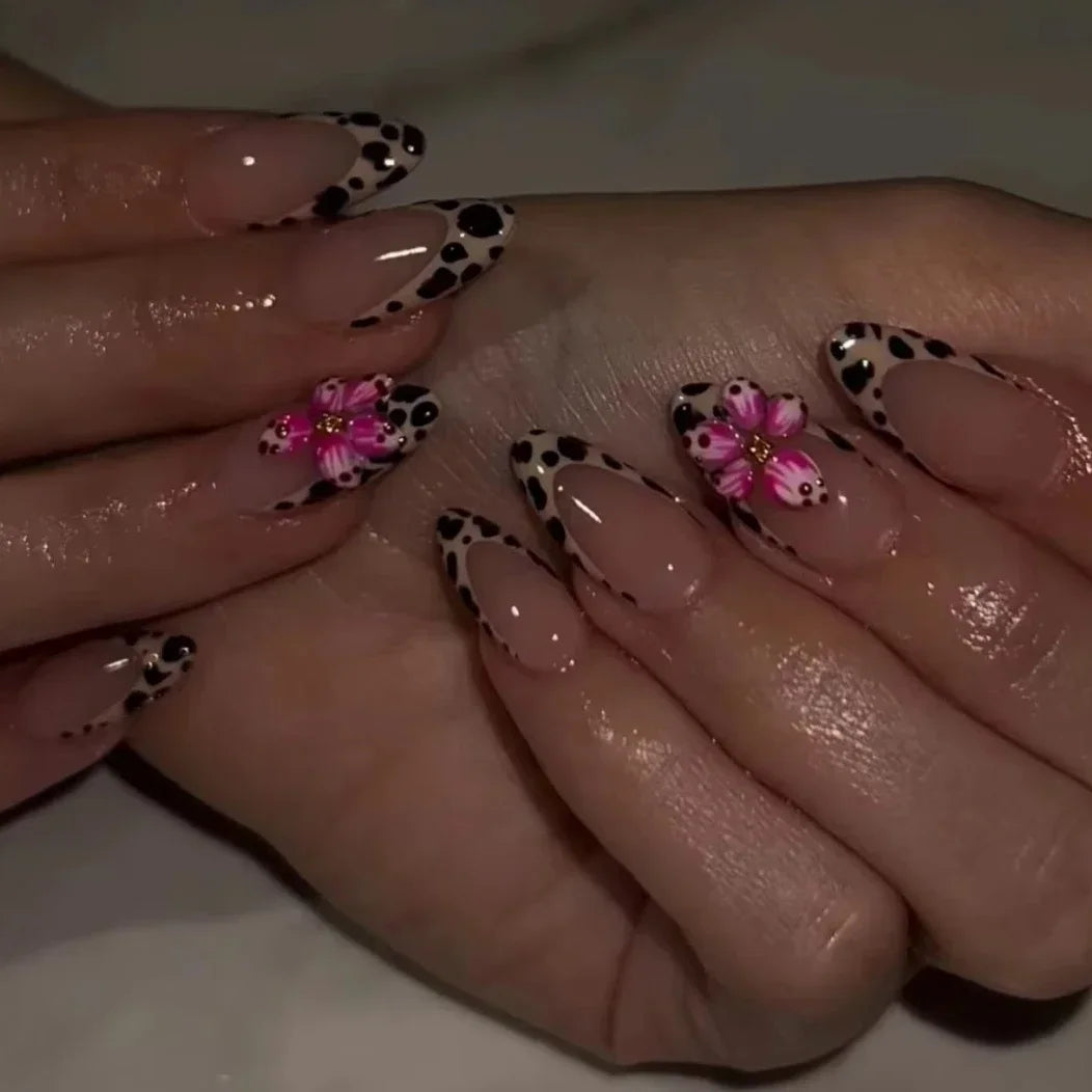 Cherry Leopard Print Almond Fake Nails Art Ballet Pointed False Nails Charms Flower Star Love Heart Press on Nails Manicure Tool