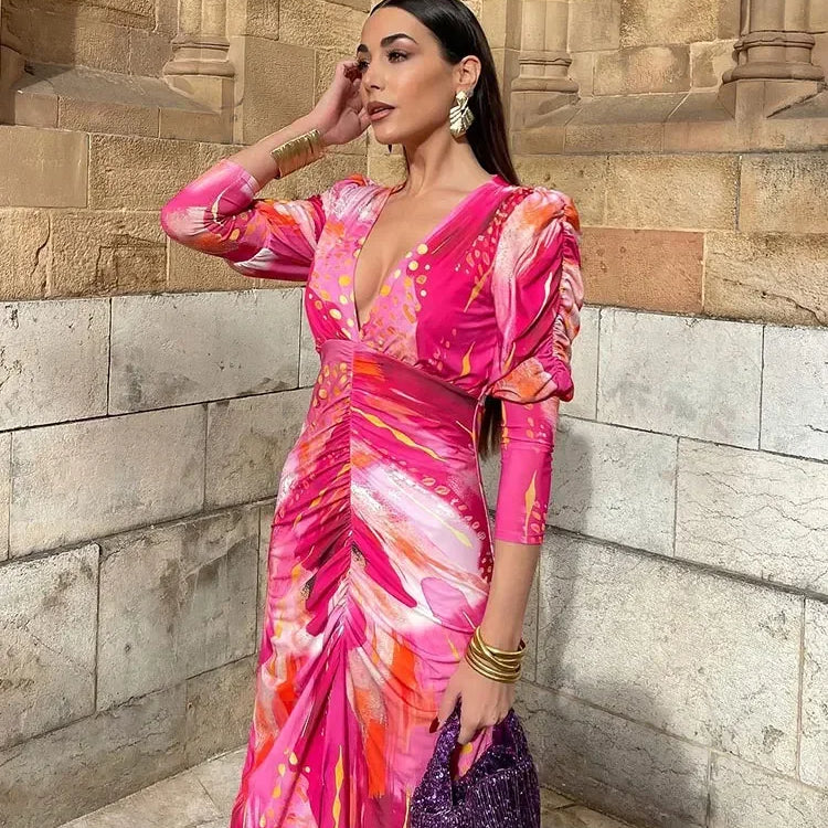 Elegant Tye Die Print Pleated Bodycon Maxi Dress Women Vintage Long Sleeve V-neck A-line Dresses Ladies Holiday Party Robes