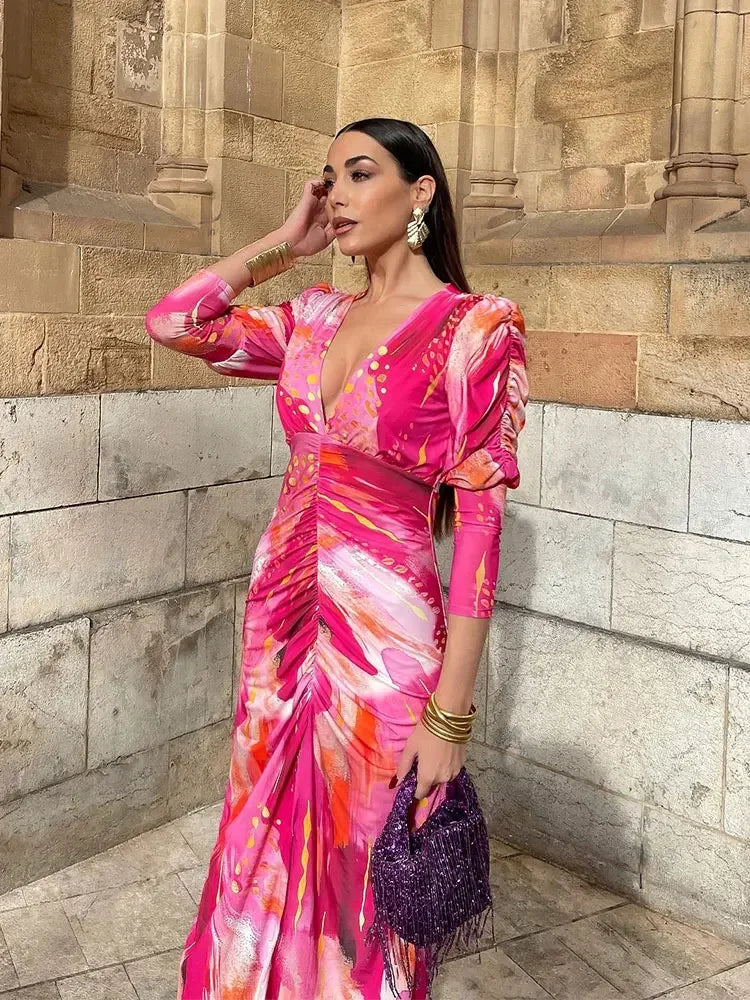 Elegant Tye Die Print Pleated Bodycon Maxi Dress Women Vintage Long Sleeve V-neck A-line Dresses Ladies Holiday Party Robes