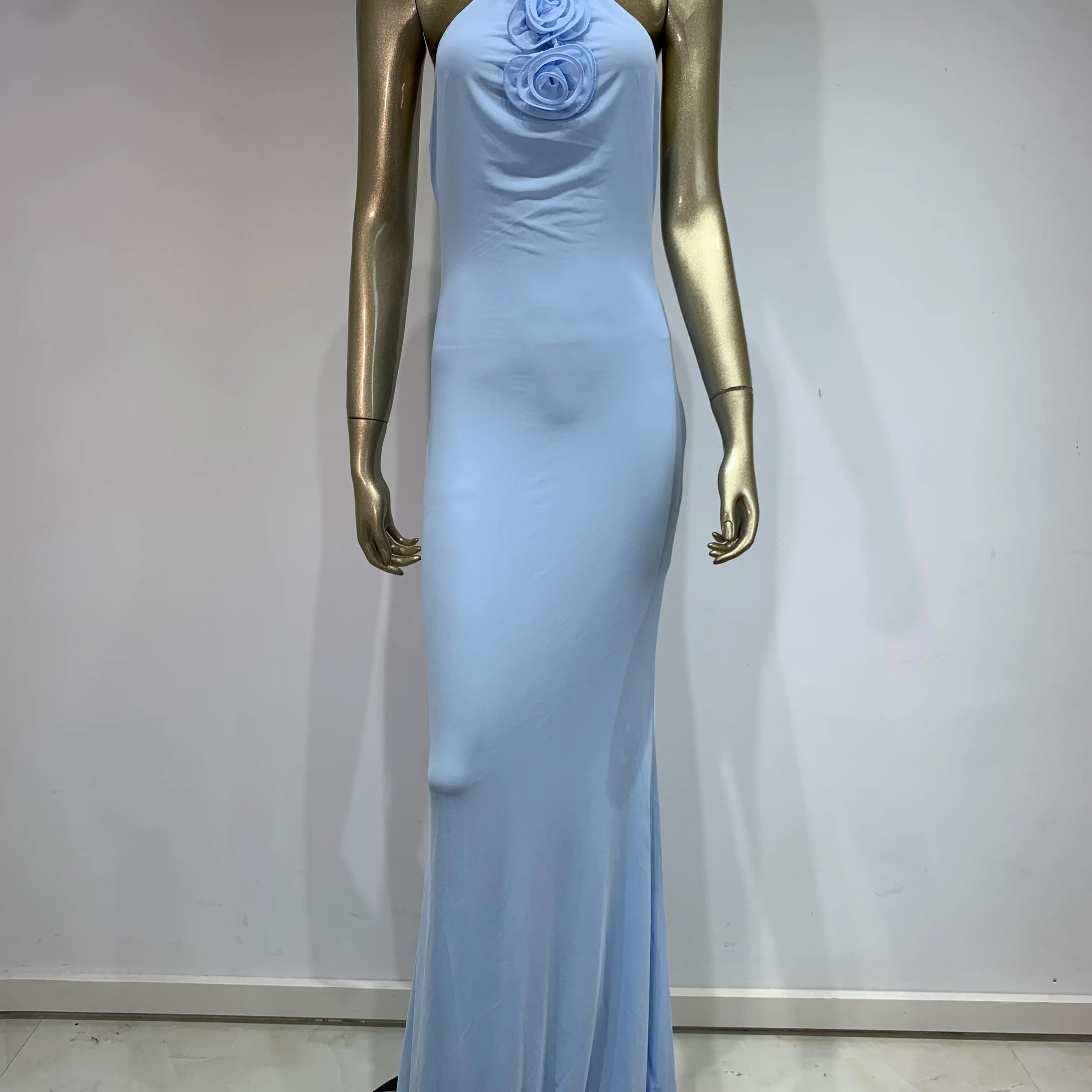 Women Celebrity Sexy Backless Halter Flower Sky Blue Maxi Long Gowns Dress 2024 Elegant Evening Party Club Dress Vestido
