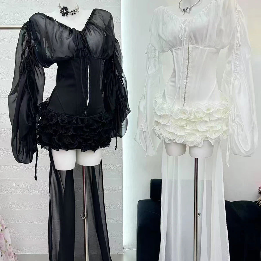 Solid Slimming Spliced Lace Up Mini Dresses for Women Slash Neck Long Sleeves Patchwork Fungus Folds Dress Female