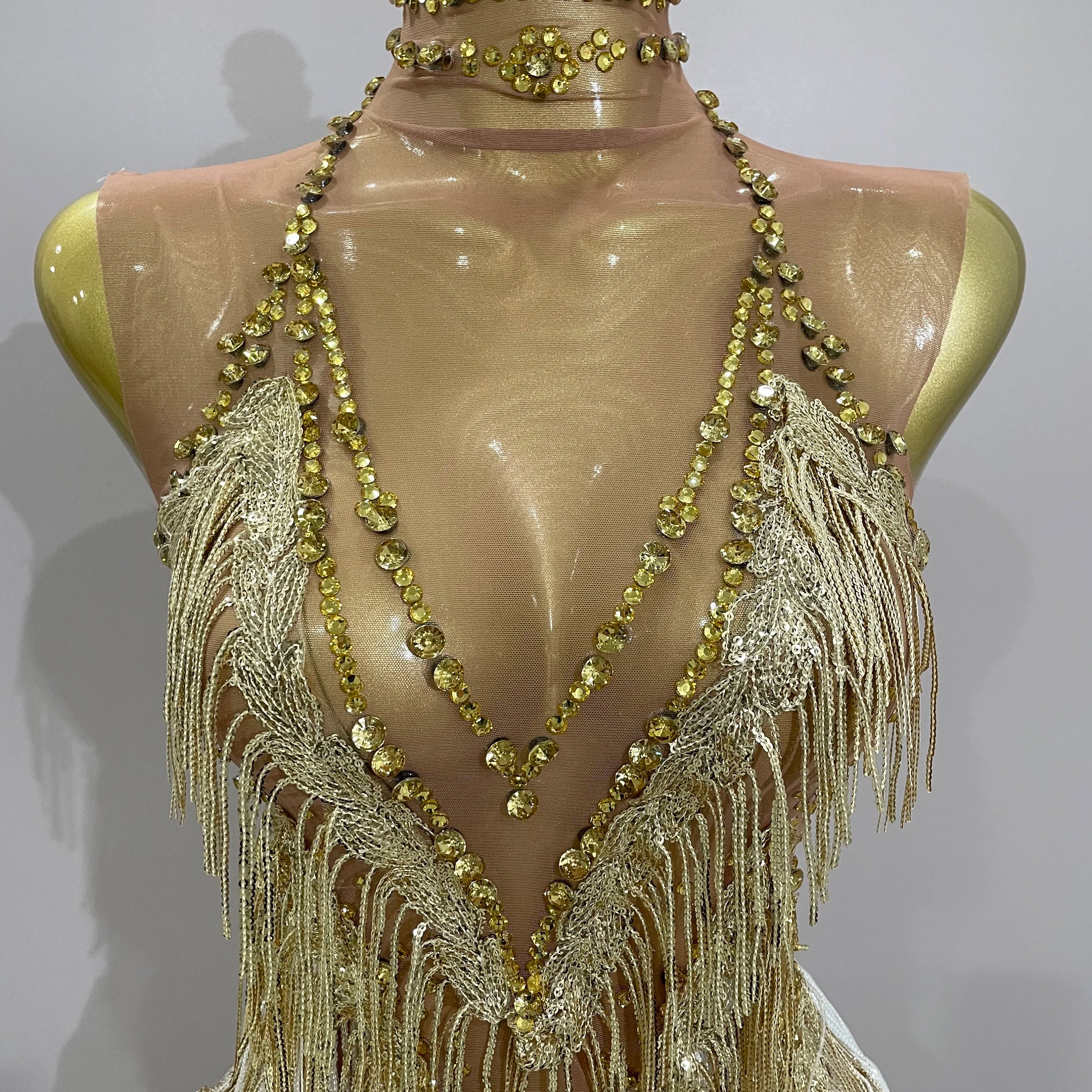 Women Sexy Stretch Mesh Sparkly Rhinestone Tassels Mini Dress Nightclub Singer Dance Stage Costume Evening Gowns