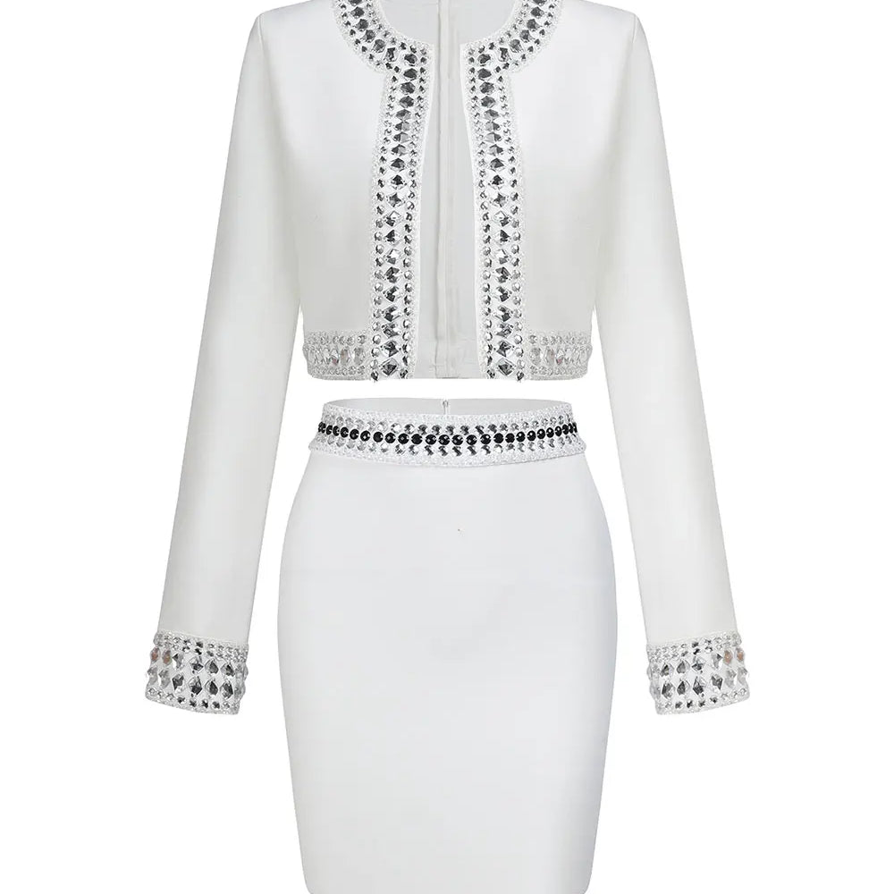 2025 Women's Light Luxury Nail Bead Bandage Short Skirt Set O-neck Long Sleeve Short cardigan Coat+Mini Skirt Two Piece Set WHITE