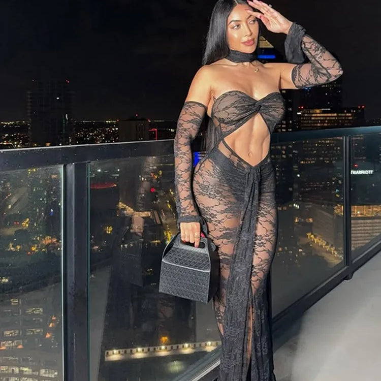 Sexy Lace See Through Black Long Dress Women Cut Out With Scarf Slim Fit Full Sleeve Maxi Dresses New Summer Evening Club Robes