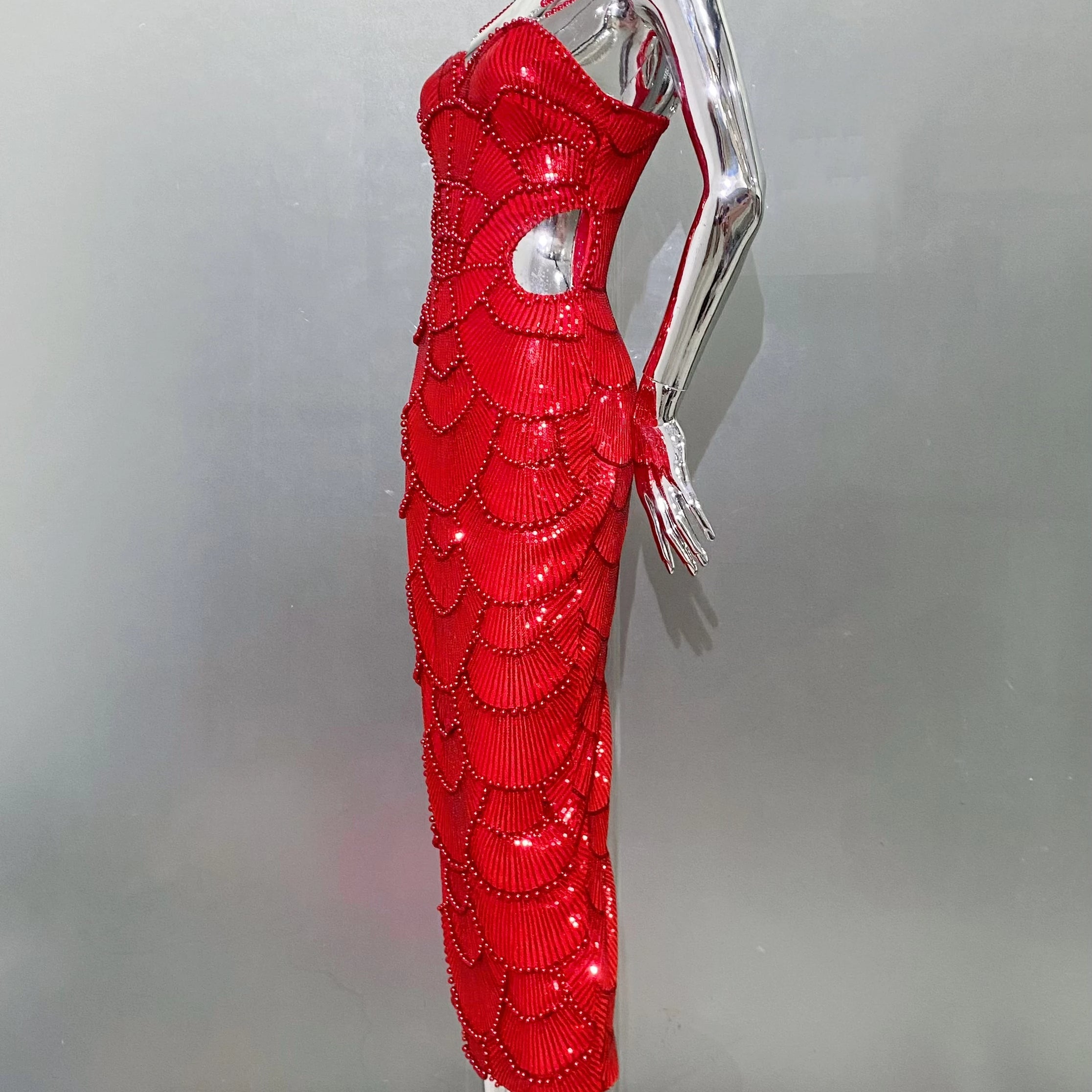 New Red Color Women Sexy Strap Shinning Beading Sequins Bodycon Long Dress Celebrate Evening Party Cocktail Dress Wholesale