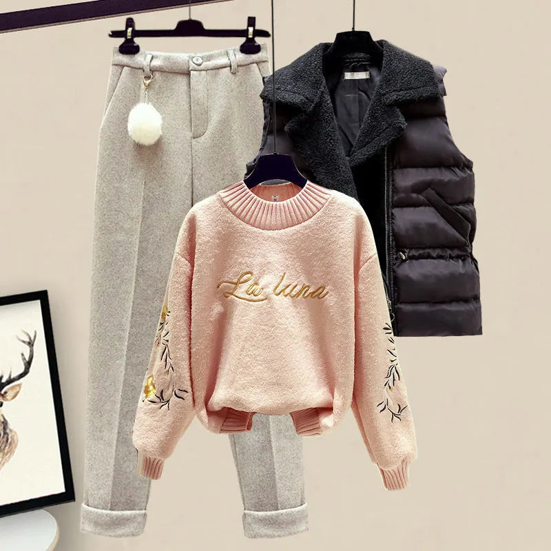 Winter Warm 3 Piece Set Suit Women Knitted Letter Pullover Sweater Sweatpants Lamb Wool Vest Tracksuit Female Outfit Outerwear Set 5