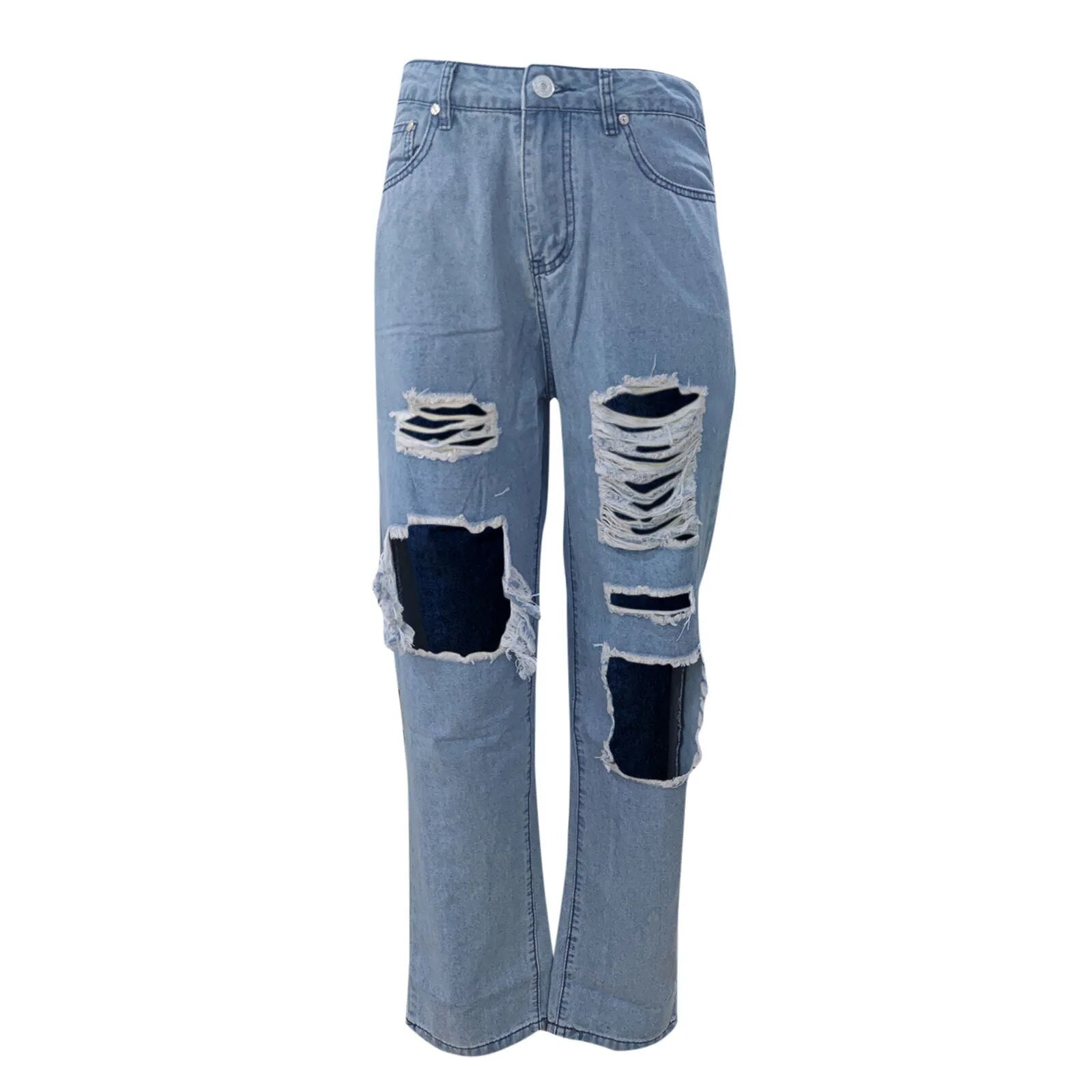 Sexy Ripped Jeans Women Fashion Blue Hole Straight Leg Trousers Y2K Hollow Cargo Pants Distressed Vintage Female Denim Trousers