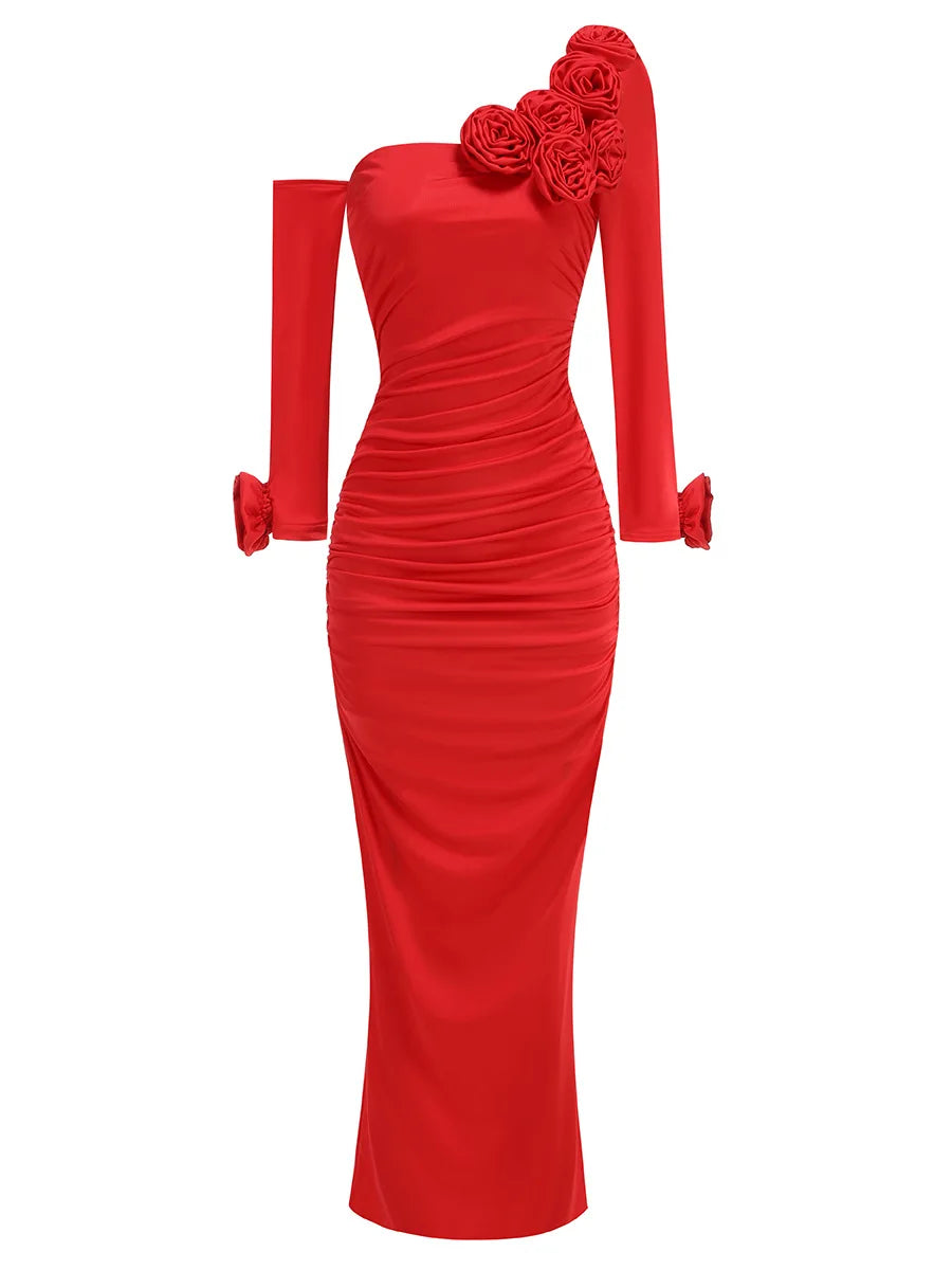 Women Celebrity Sexy Off Shoulder Flower Red Ruched Maxi Long Gowns Dress 2024 Elegant Evening Party Club Vestido