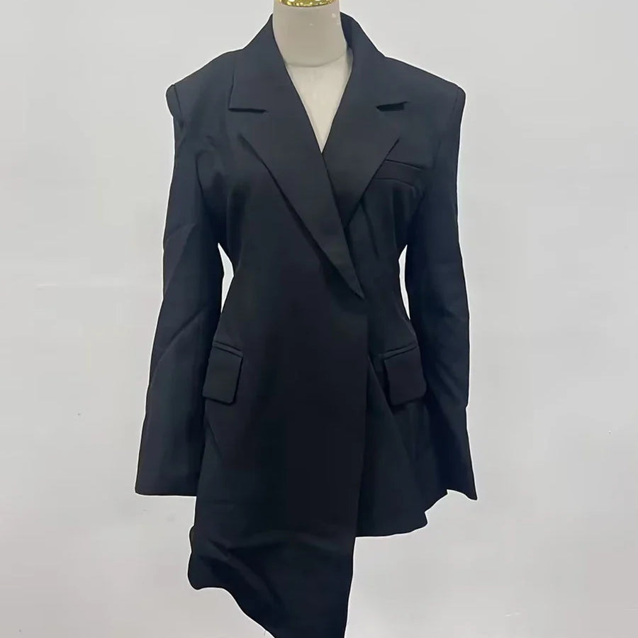 Solid Minimalist Blazer For Women Notched Collar Long Sleeve Patchwork Pockets Irregular Coat Female Fashion Style
