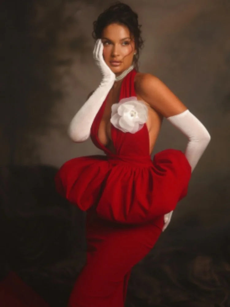 2025 New Red Color Women Sexy Halter Backless Bodycon Long Bandage Dress Gloves Celebrate Performance Costume Stage Wear
