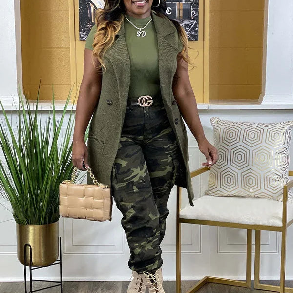 Women’s Camouflage Printed Slim Cargo Pants 2024 Spring/Summer Pocket Jogger Street Fashion Safari Trousers Green