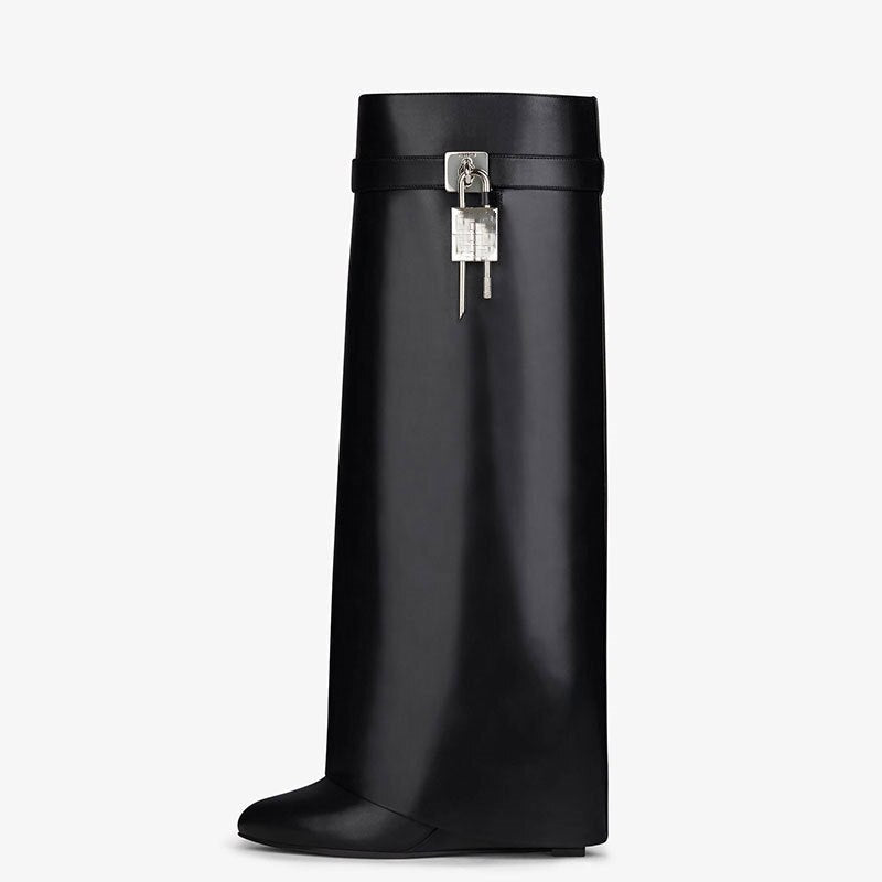Women's Knee High Boots Shark Lock Long Thick Soled High-heeled Boots Designer Luxury Brand Women's Leather Boots