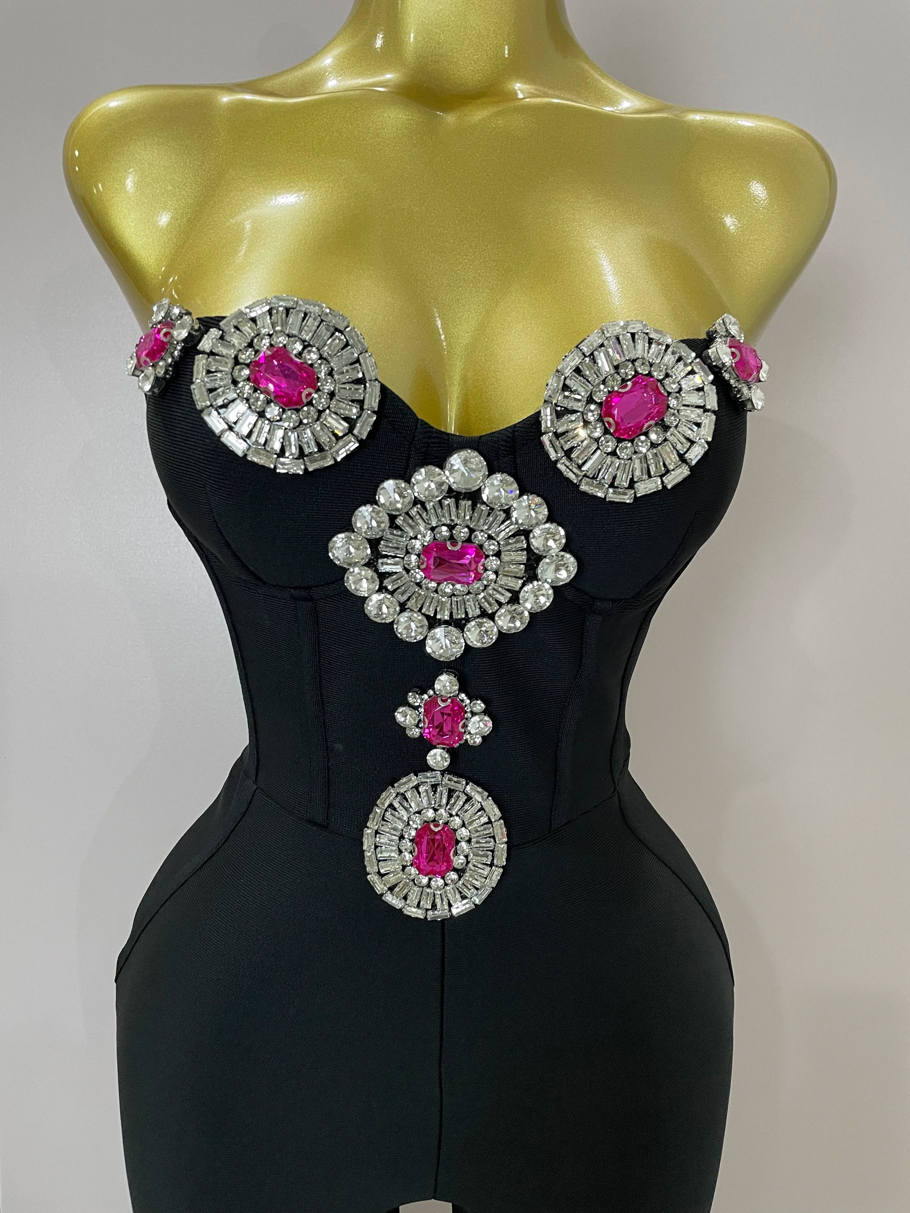 Luxury Sexy Strapless Backless Crystal Diamonds Black Bodycon Bandage Jumpsuit 2025 Women Celebrity Designer High Street Rompers