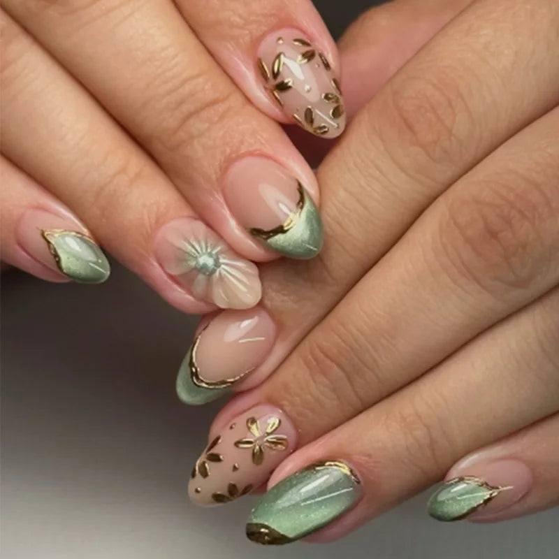 24Pcs Green French Press on Fake Nails with Almond Head Design 3D Flower Full Cover Nail Art Tips Short Round Head False Nails 1933
