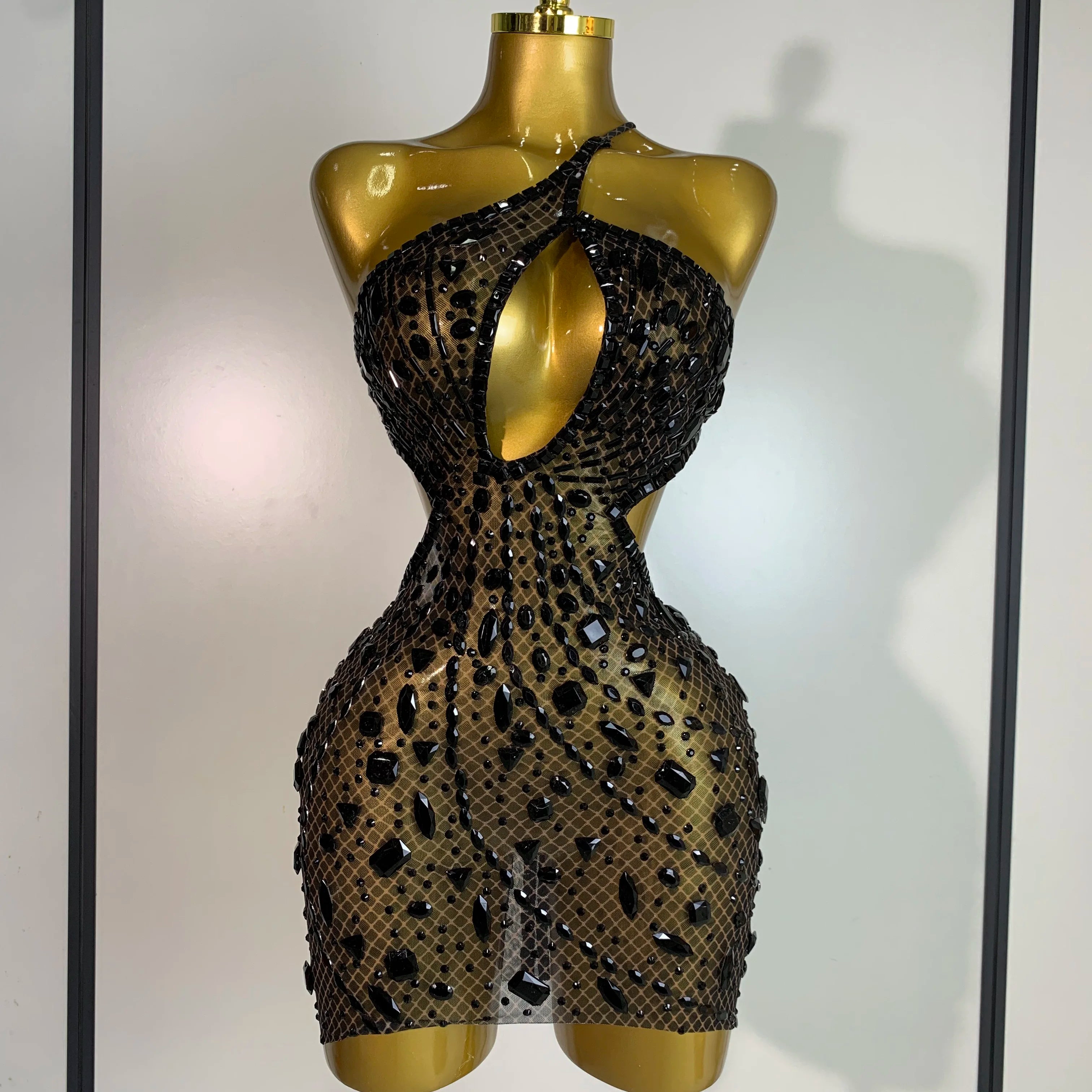 Sexy Sparkly Diamond Backless Short Dress 2025 Women Sleeveless Mesh See Through Evening Birthday Gown Singer Stage Outfit black